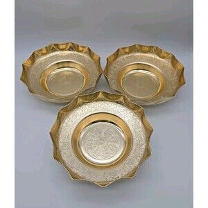 VTG 3 Kalian NYC Gold Aluminum Bowls Dishes Italy Scalloped Edge Intricate